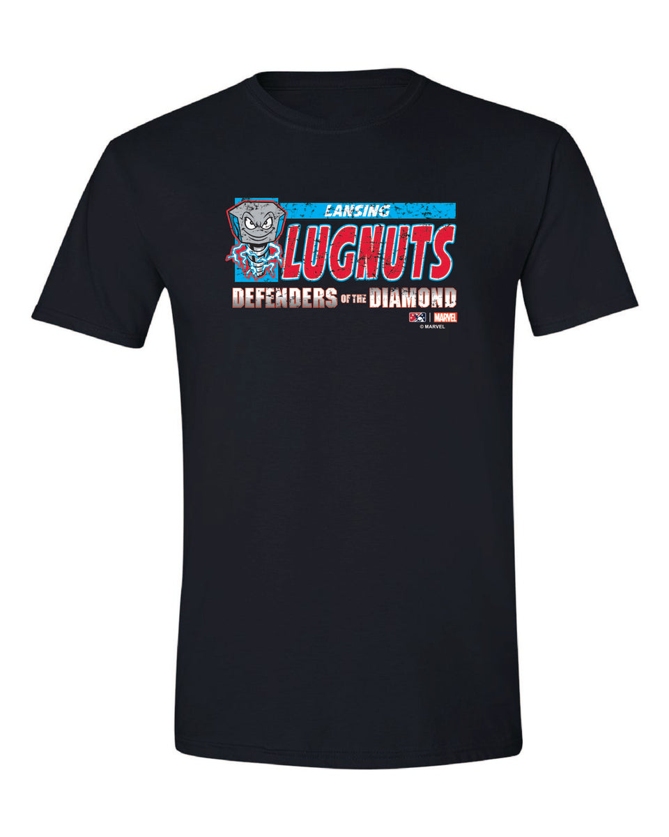 Lansing Lugnuts Marvel’s Defenders of the Diamond Tshirt Lansing